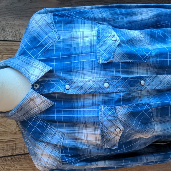 American Eagle Outfitters Blue Plaid Snap Button Long Sleeve Western Shirt - Picture 2 of 4